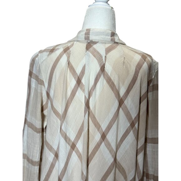 FREE PEOPLE Womens Peppy Plaid M Tunic Shirt White Brown Button Up Back Ruffle - Picture 10 of 13